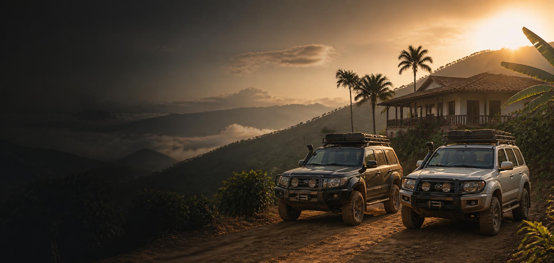 Two expedition-prepared 4x4 vehicles side by side on a dirt road beside a Colombian finca, with layered Andean mountains at golden hour