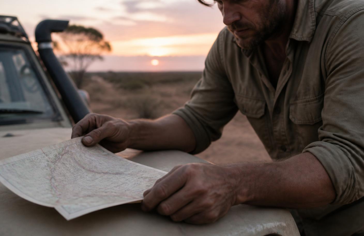A weathered crew member studying a paper map spread across a vehicle bonnet at dusk