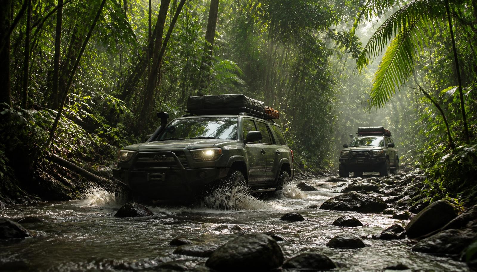 Two expedition 4x4 vehicles crossing a shallow rocky jungle stream, the second vehicle following at a safe distance