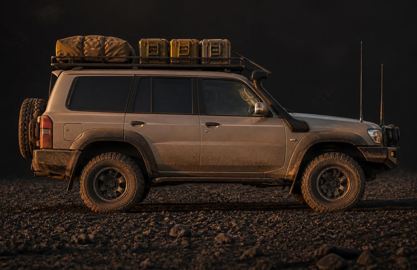 VEHICLE TWO — FIRE: expedition-prepared 4x4 in warm desert sunset light